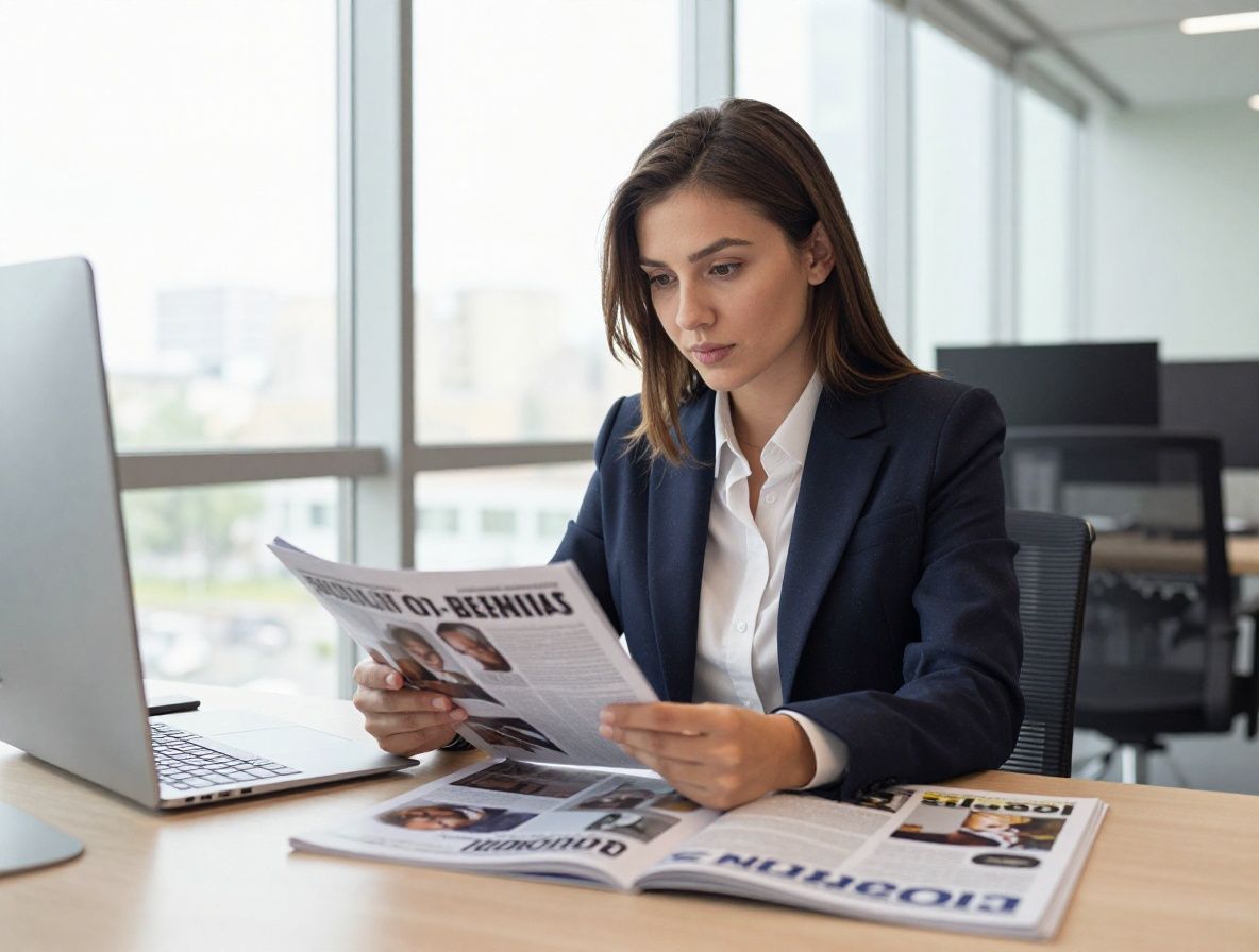 Редакционная команда обсуждает макет журнала в просторном светлом офисе с высокими окнами — ноутбуки, распечатанные развёртки, кофе