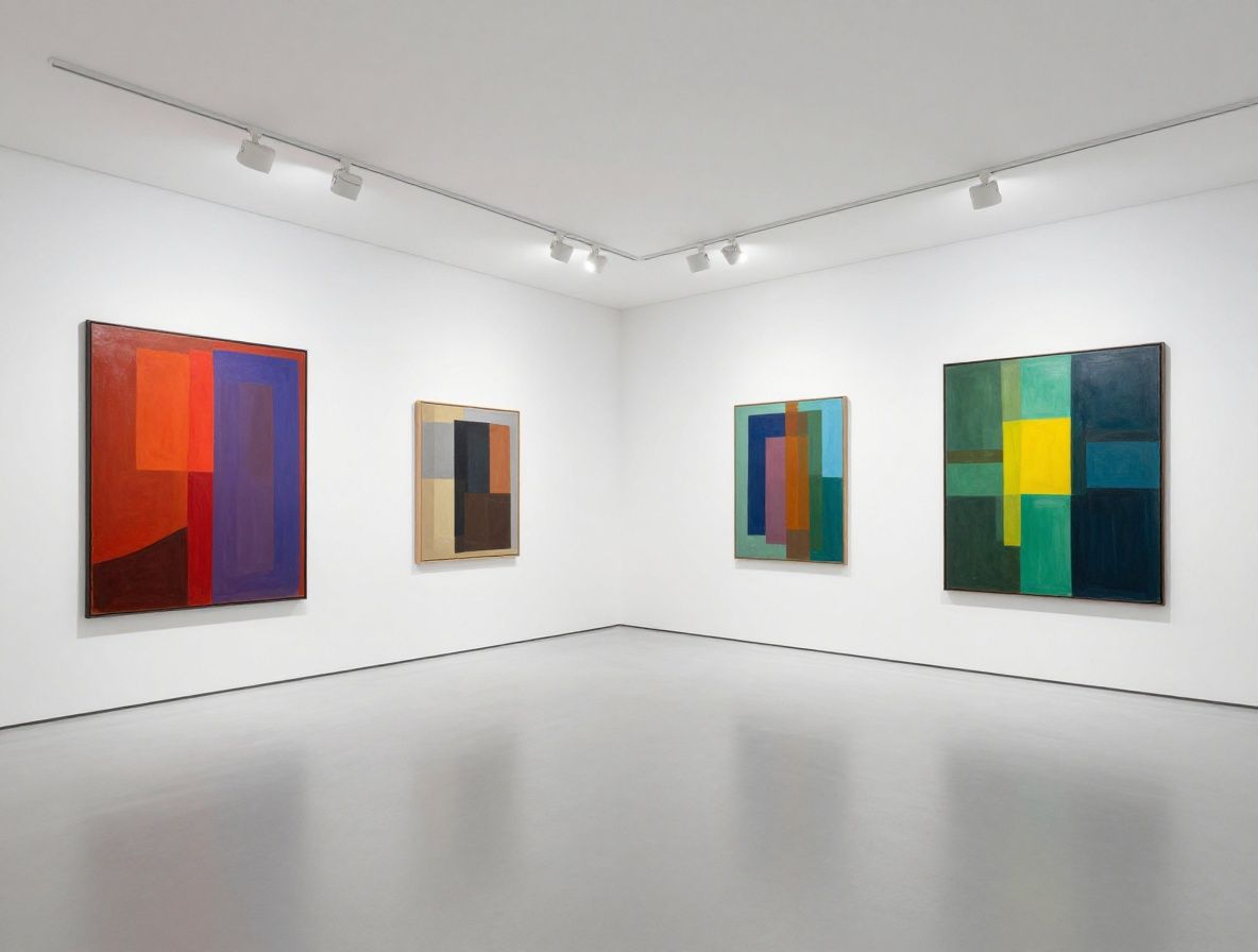 Просторный белый зал современной арт-галереи с высокими потолками — на стенах крупные абстрактные холсты в рамах, мягкий направленный свет прожекторов