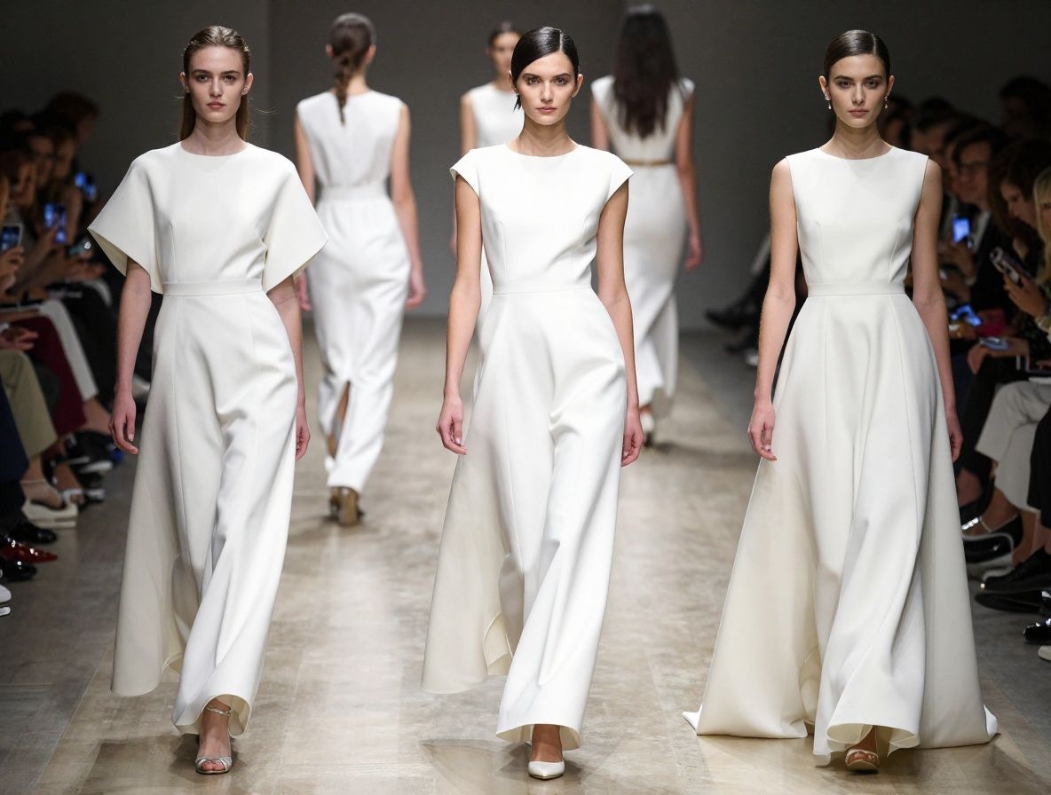 Модный показ весенне-летней коллекции — модель в белом шёлковом платье с открытыми плечами идёт по подиуму в ярко освещённом зале