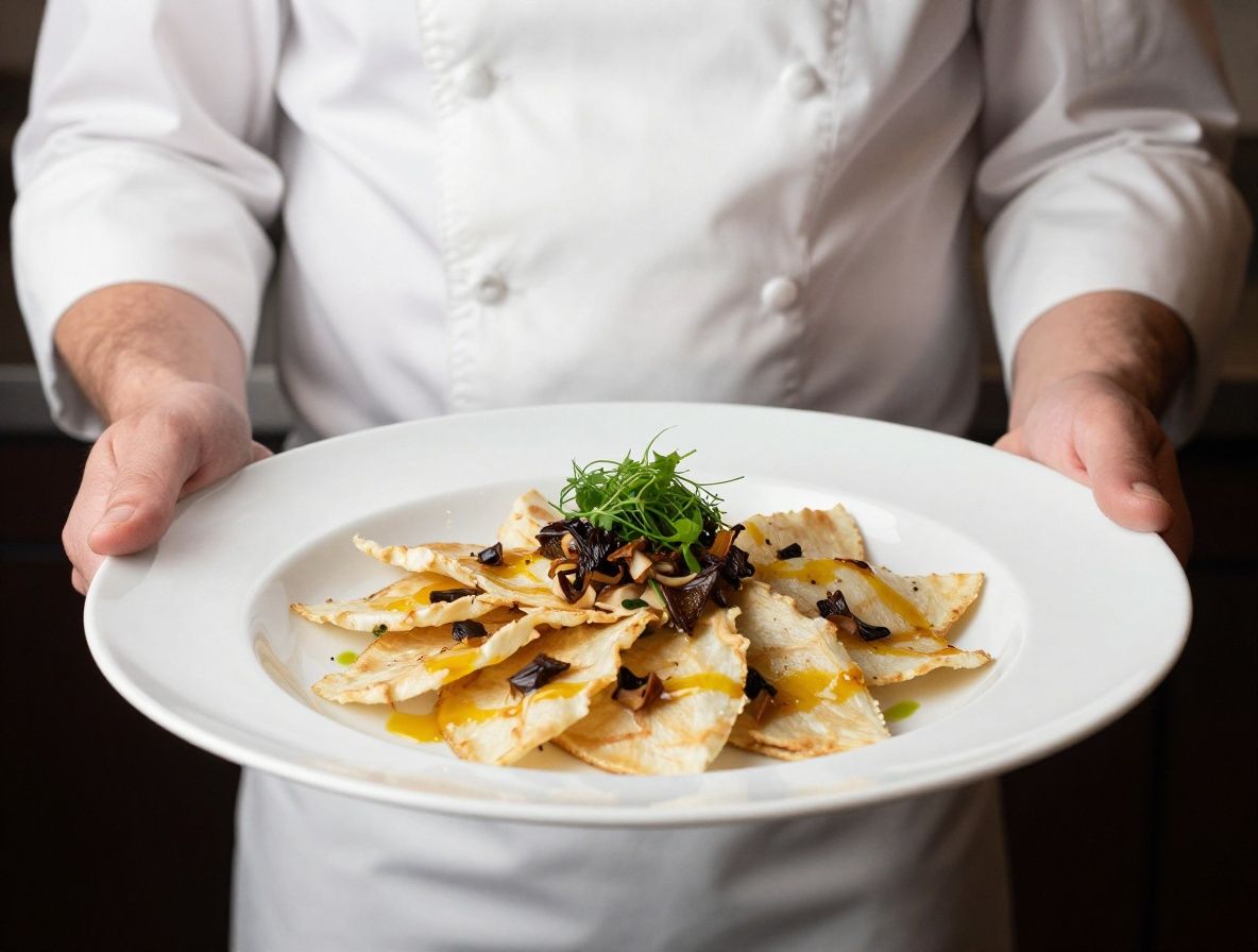 Шеф-повар в белоснежной форме сервирует блюдо высокой кухни — изысканный тарт с трюфелями и микрозеленью на фарфоровой тарелке