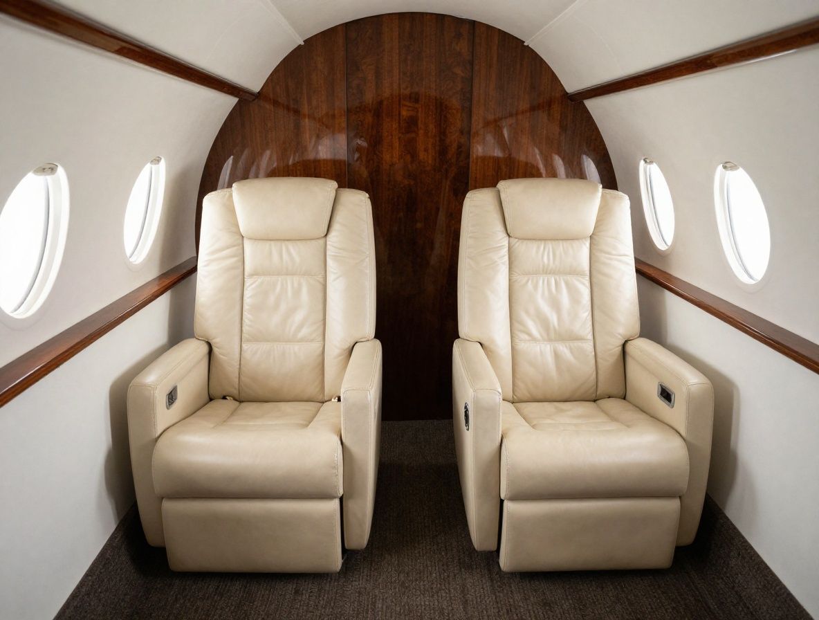Интерьер частного авиалайнера бизнес-класса с кожаными креслами цвета кофе с молоком и панорамными иллюминаторами над облаками