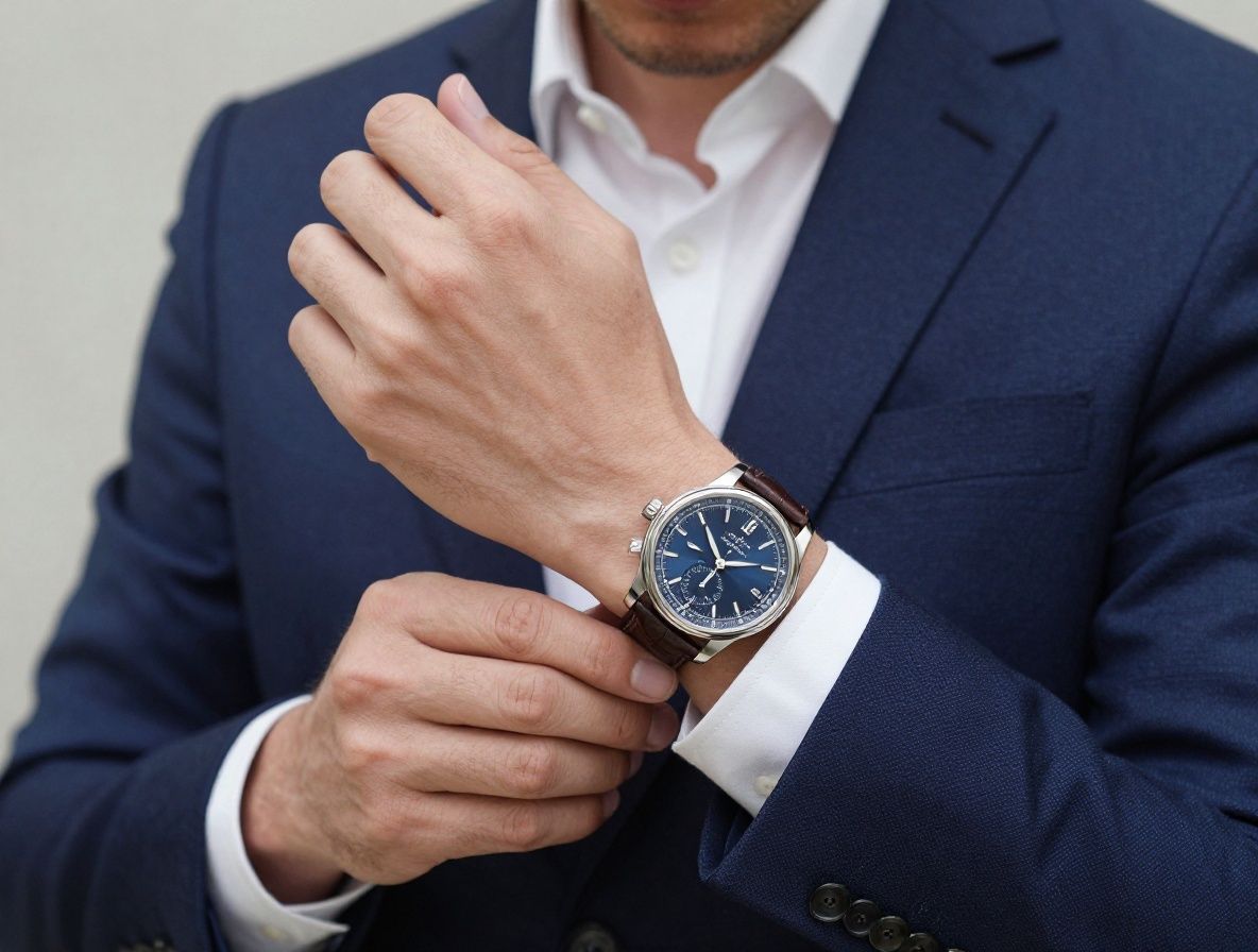 Деловой мужчина в тёмно-синем костюме застёгивает ремешок из крокодиловой кожи дорогих швейцарских часов с крупным хронографом