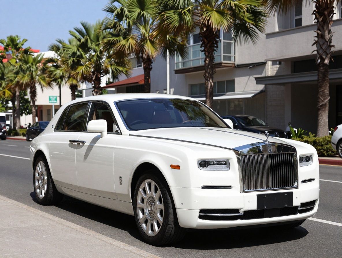 Белый Rolls-Royce Phantom на широкой городской улице с пальмами — вид спереди-сбоку, солнечный день