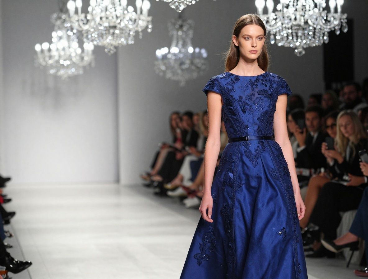 Модный показ haute couture — модель в драматическом платье с кринолином цвета глубокого полуночного синего медленно движется по подиуму в зале с хрустальными люстрами