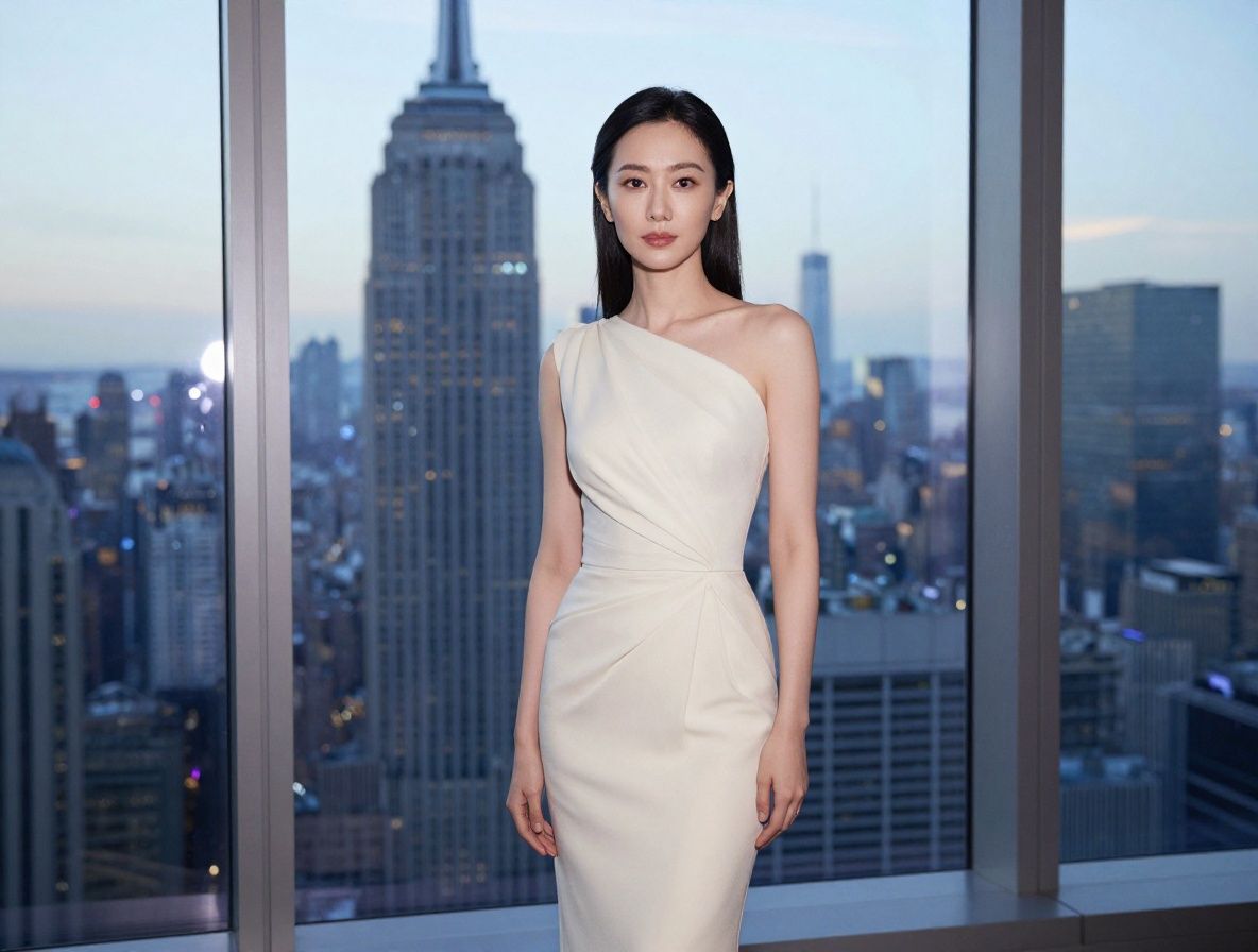 Элегантная женщина в шёлковом вечернем платье цвета слоновой кости стоит у большого панорамного окна небоскрёба с видом на вечерний городской горизонт