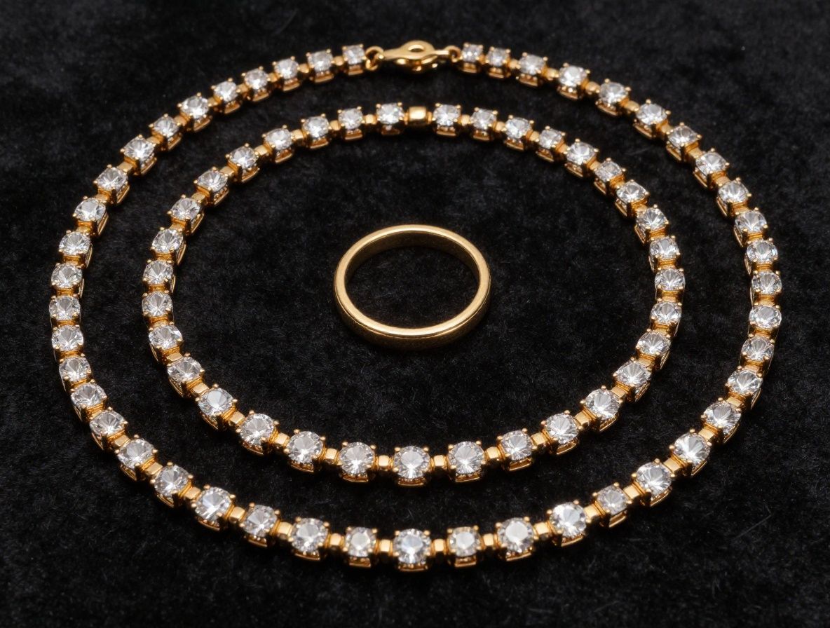 Рассыпанные на чёрном бархате крупные бриллианты огранки принцесса рядом с золотыми кольцами haute joaillerie — студийный натюрморт ювелирного дома