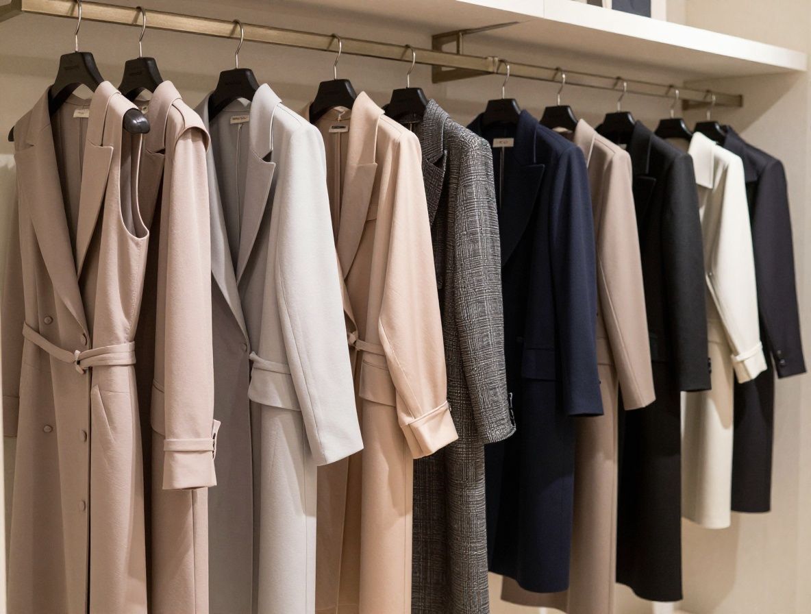 Роскошная витрина флагманского бутика в деловом квартале — шёлковые платья и пальто на металлических вешалках в минималистичном пространстве