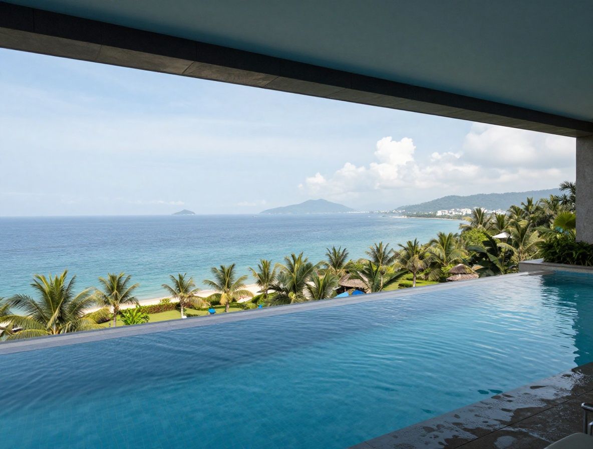 Бассейн-инфинити на высоком этаже отеля с захватывающим видом на тропический остров и океан в голубой дымке